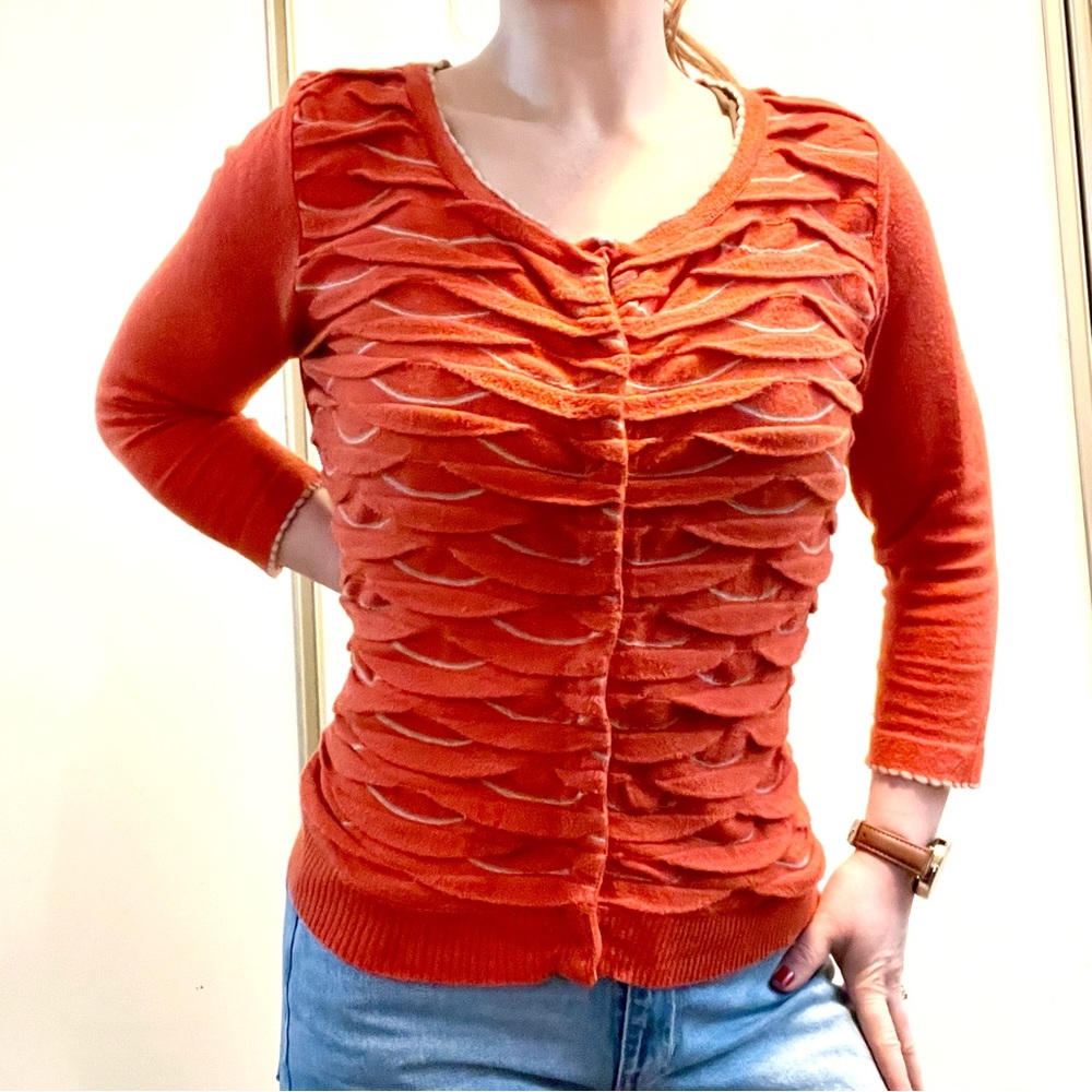 Anthropologie Little Yellow Bird Winter Waves Orange Cardigan Snap Front Sweater